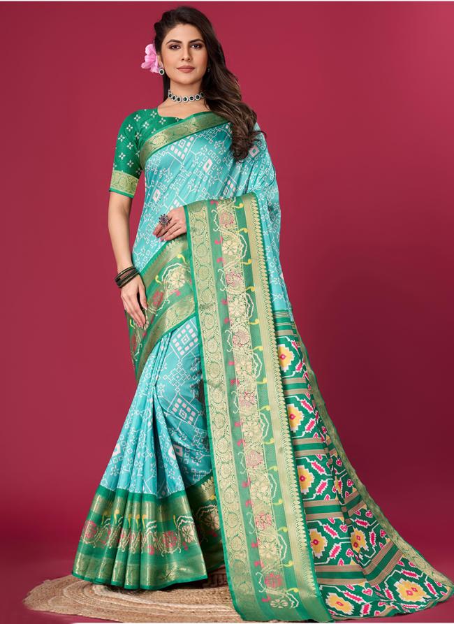 Soft Dola Sattin Green Sky Blue Party Wear Printed Saree